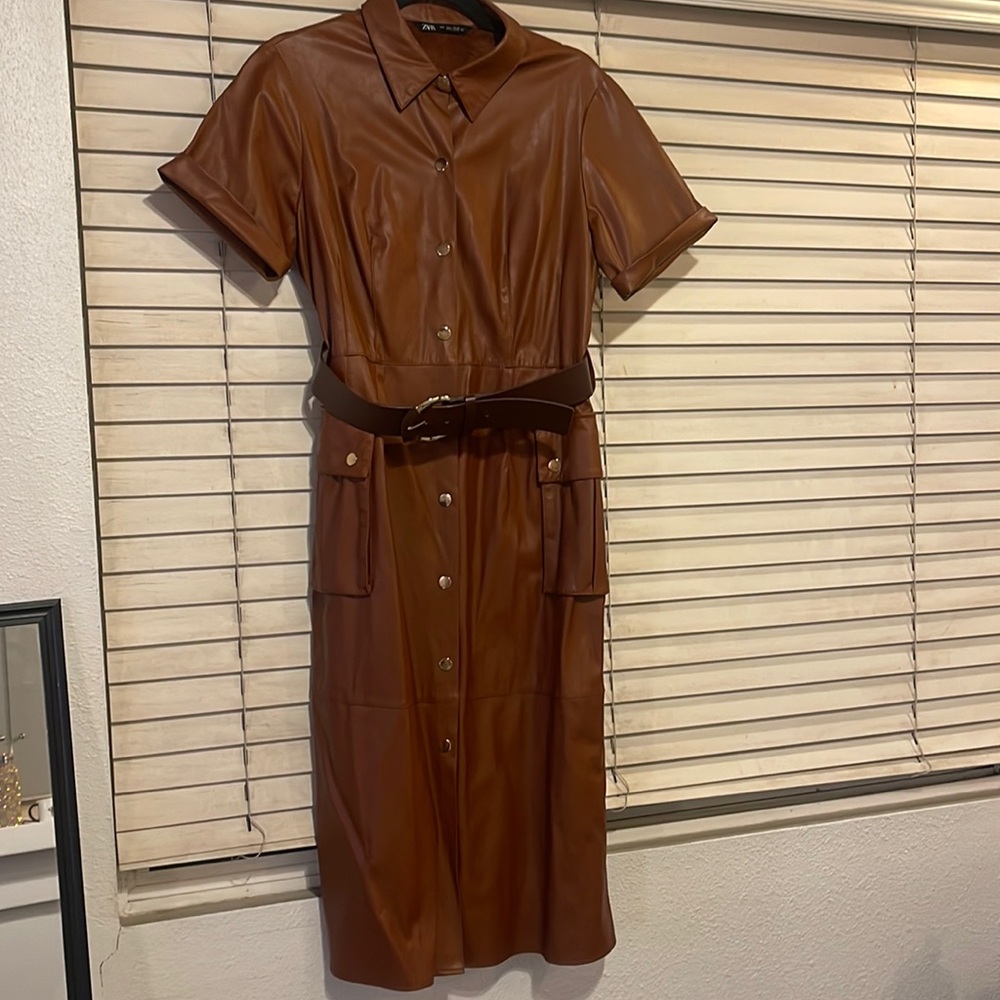 Zara faux leather brown dress with belt